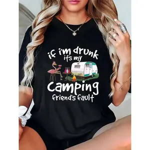 Women's Funny Camping T-Shirt with Flamingo Camper Van & Campfire Graphic, Casual Summer Outdoor Adventure Tee for Campers, Friends & Camping Lovers 100% Cotton T-shirt