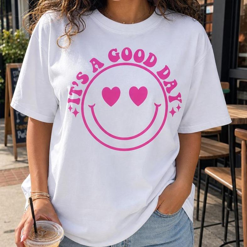 Women's 100% Cotton Short-Sleeve Crew Neck Drop Shoulder Graphic T-Shirt - Retro Smiley Face Pink Print, Positive Vibe "It's a Good Day" Plus Size Casual Wear Tops