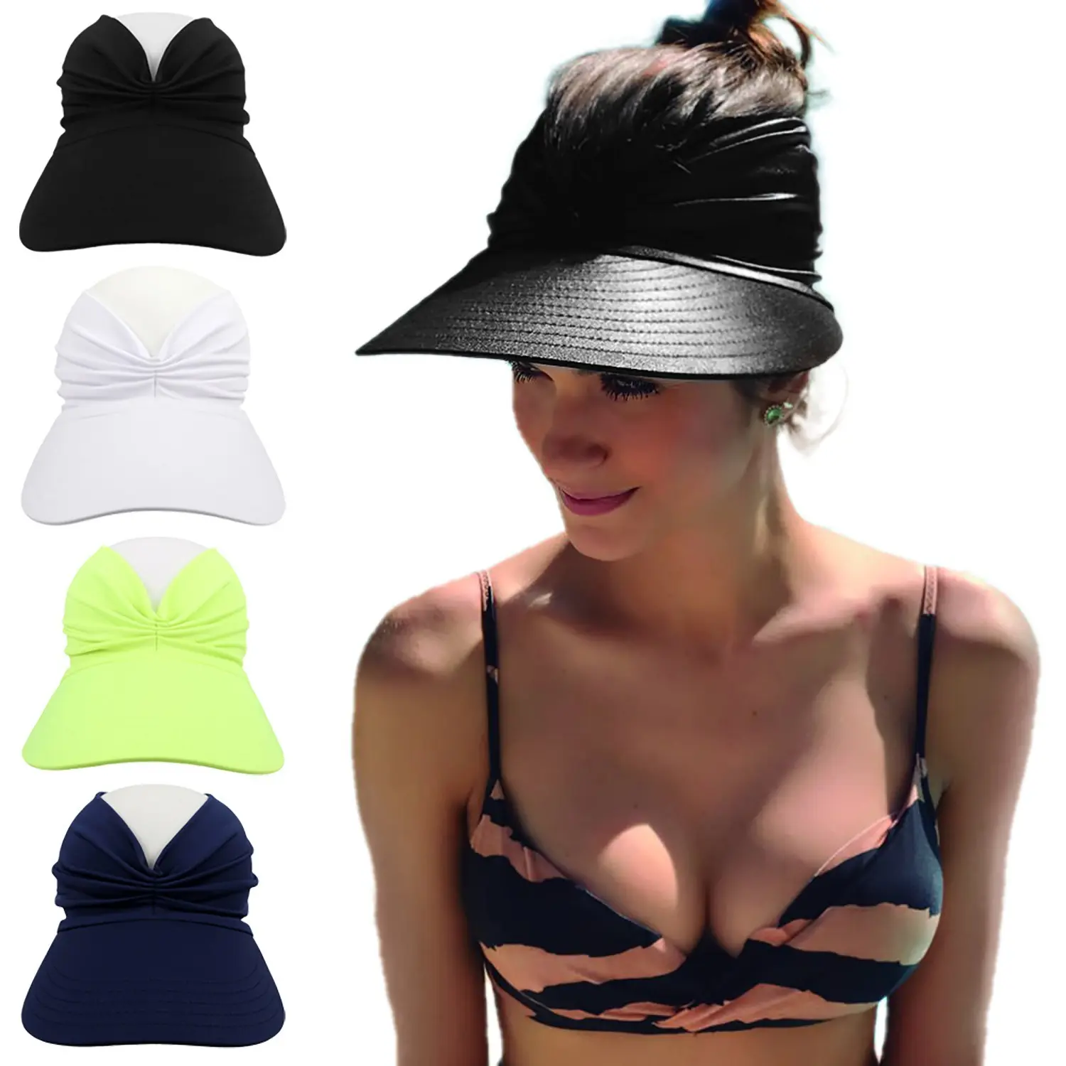 Women's Wide Brim Sun Visor, Solid Color Ponytail Safe Beach Hat with UPF 50+ UV Protection - Lightweight for Outdoor Golf & Summer Activities