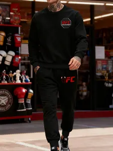 Ultimate Ufc Octagon Pattern Men's 2-Piece Set, Casual Round Neck Long Sleeve Hoodie and Sports Pants, Spring & Fall Fashion