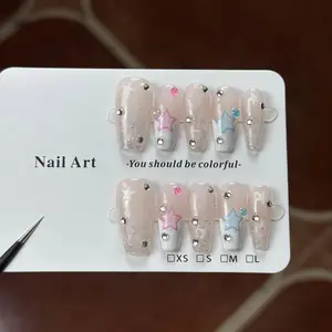 10pcs high-end Y2K girl style, hand-painted pink blue hollowed-out stars, sparkling small diamonds handmade fake nails, Star Design, Nail Art, Glittery Nails