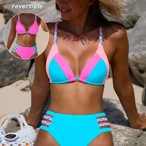 Popvil Women's Reversible Triangle Bikini Set - 2-in-1 Colorblock Patchwork Swimsuit, High-Waisted Mid Rise Bottoms, Removable Padded Cups, Adjustable Cross-Strap Top for Beach & Vacation Summer