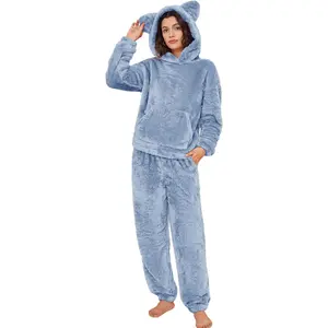 Women's Fluffy Pajamas Sets Fleece Loungewear Pullover Bear Ear Fuzzy Hoodie Plush Pants 2 Piece Sleepwear with Pockets