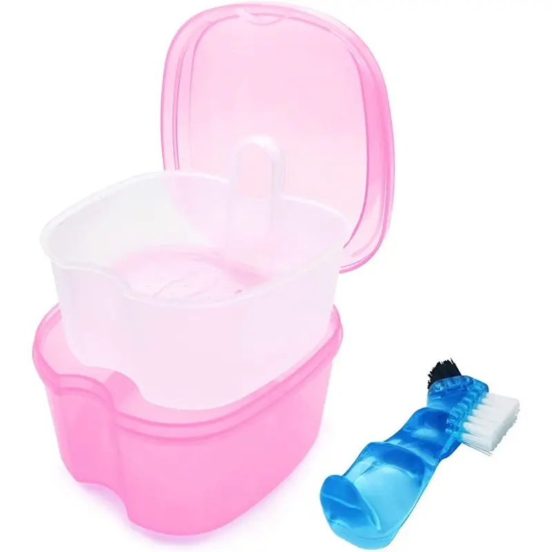 Denture Bath Case Denture Soaking Cup with Brush, Denture Holder Case Retainer Case False Teeth Box for Travel and Daily Use