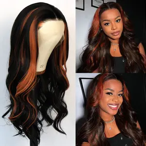 Aodbar hairs  Ginger Ombre Highlighted Color Long Body Wavy Synthetic Lace Frontal Wig 13*4 HD Transparent Lace Wig Glueless Skunk Stripe Ginger Highlight Wig Ginger and Black Color Wavy Wig for Daily, Party and Cosplay Use