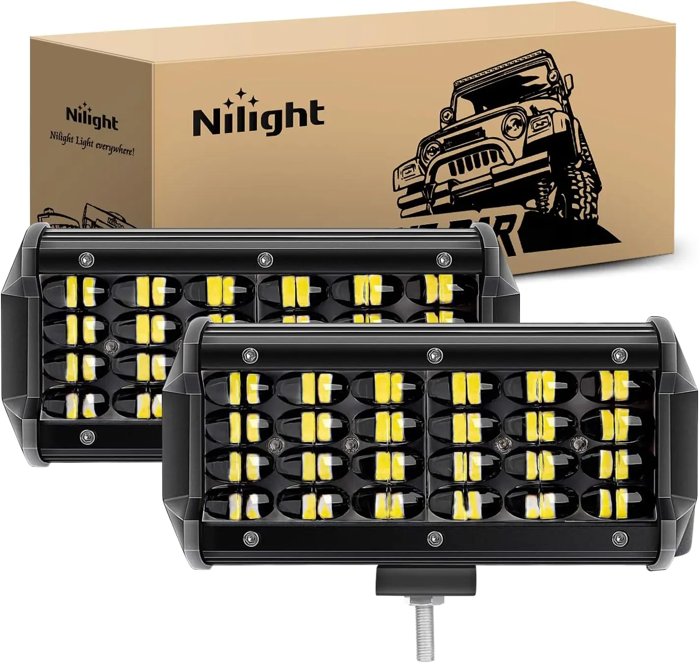 Nilight Dual Pack 7-in Quad Row Off-Road LED Pods, 72W 7200LM Spot Beam, Anti-Corrosive Backup Lights for Truck, 4x4, CE & ROHS Certified