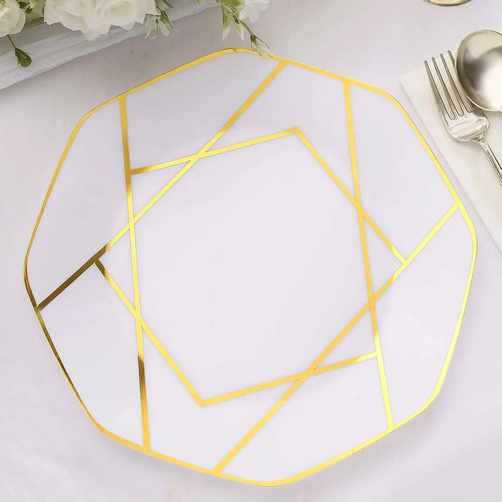 10-Pack 10 inches Elegant Plastic Octagon Dinner Plates with Gold Geometric Design, Spill-Proof Rim - Disposable Tableware Set for Birthday, Modern Sophisticated Tablescape