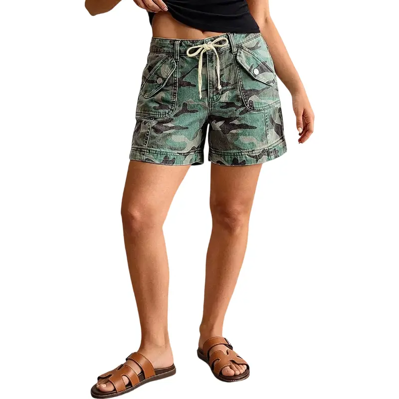 Flamingals Camo Print Flap Decor Drawstring Mid Rise Shorts Womenswear Stretchy 5.1" Inseam