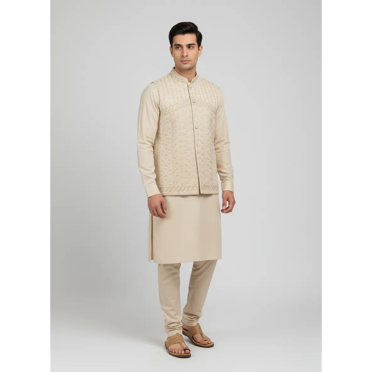 Men's 3-Piece Wash-and-Wear Qameez Shalwar with Waistcoat, All-Season Men's Suit Set, All-Season Men's Suits