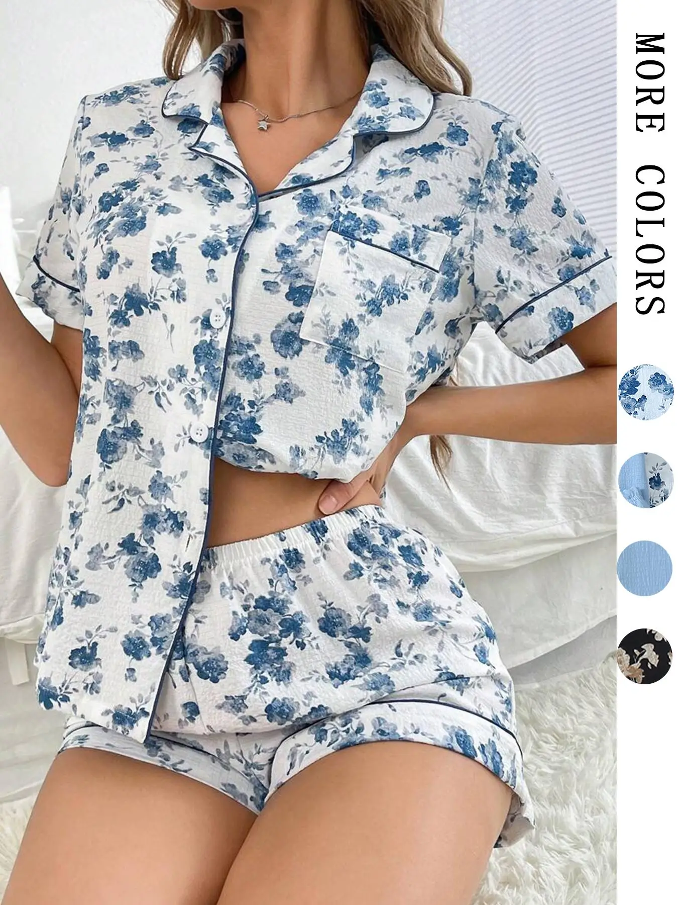 Women's Ditsy Floral Print Contrast Binding Loungewear Set, Button Front Pocket Top & Elastic Waist Shorts PJ Set, Casual Comfy Pyjama Set for Women