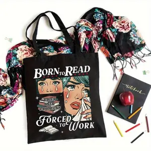 Born to Read, Forced to Work" Pop Art Canvas Tote Bag - Stylish Black Shoulder Bag for Book Lovers & Avid Readers, Durable Machine Washable Fabric, Perfect for Casual Outings, Book Tote Bag