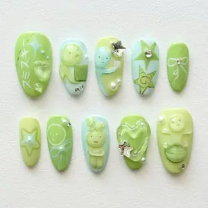 Green Smiski Press On Nail, Cartoon Nails, Fun and Playful Acrylic Nails, Smiski Nail Art, Japanese Fake Nails, Cute Nails, Anime Nails.