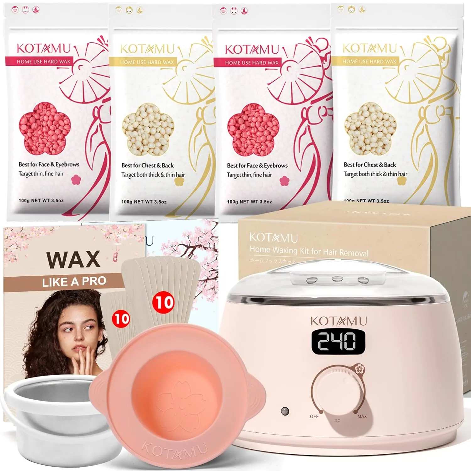 KOTAMU Waxing Kit for Women & Men, Pink Digital Wax Pot Warmer Hair Removal| Home Hard Wax Kit, Wax Machine, Face, Eyebrow, Bikini, Brazilian, Body, Sensitive Skin, 25 Accessories, Beginner-Friendly