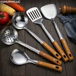 Heat-Resistant Stainless Steel Kitchen Utensil Set, Cutlery Tableware, Includes Frying Pans, Spoons, Ladle, Strainer, Dishwasher Safe, 5-Piece Set, Camping Cookware Set