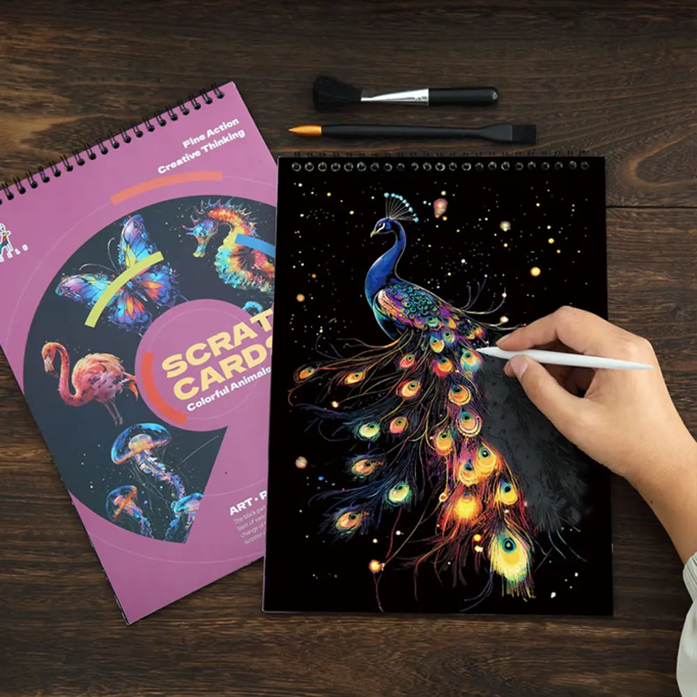 Coil-Bound A4 Rainbow Scratch Art Book - 10 Drawable Pages, 1 Coil-Bound Book, 1 White Scratch Stylus, DIY Creative Doodle Notebook for Holiday Gifts, Back-to-School Season, 1 Coil-Bound Scratch Book, 10 Sheets