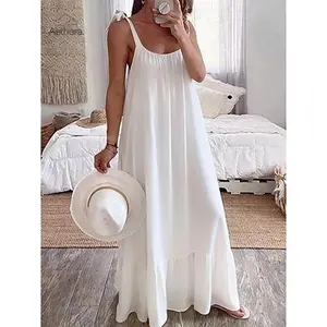 Aethera 2026 Women's Casual Ruched Maxi Dress U-Neck Spaghetti Strap Long Flowy Silhouette Soft Lightweight Fabric Slim Fit Stylish Dress for Daily Wear Vacation Beach Outings