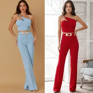 BRUSHED METALLIC STONE DETAIL SETS - HALF SHOULDER WRAP TOP - SLEEVELESS - SOLID PANT WITH METALLIC BUCKLE CLIP - ZIPPER ON THE BACK