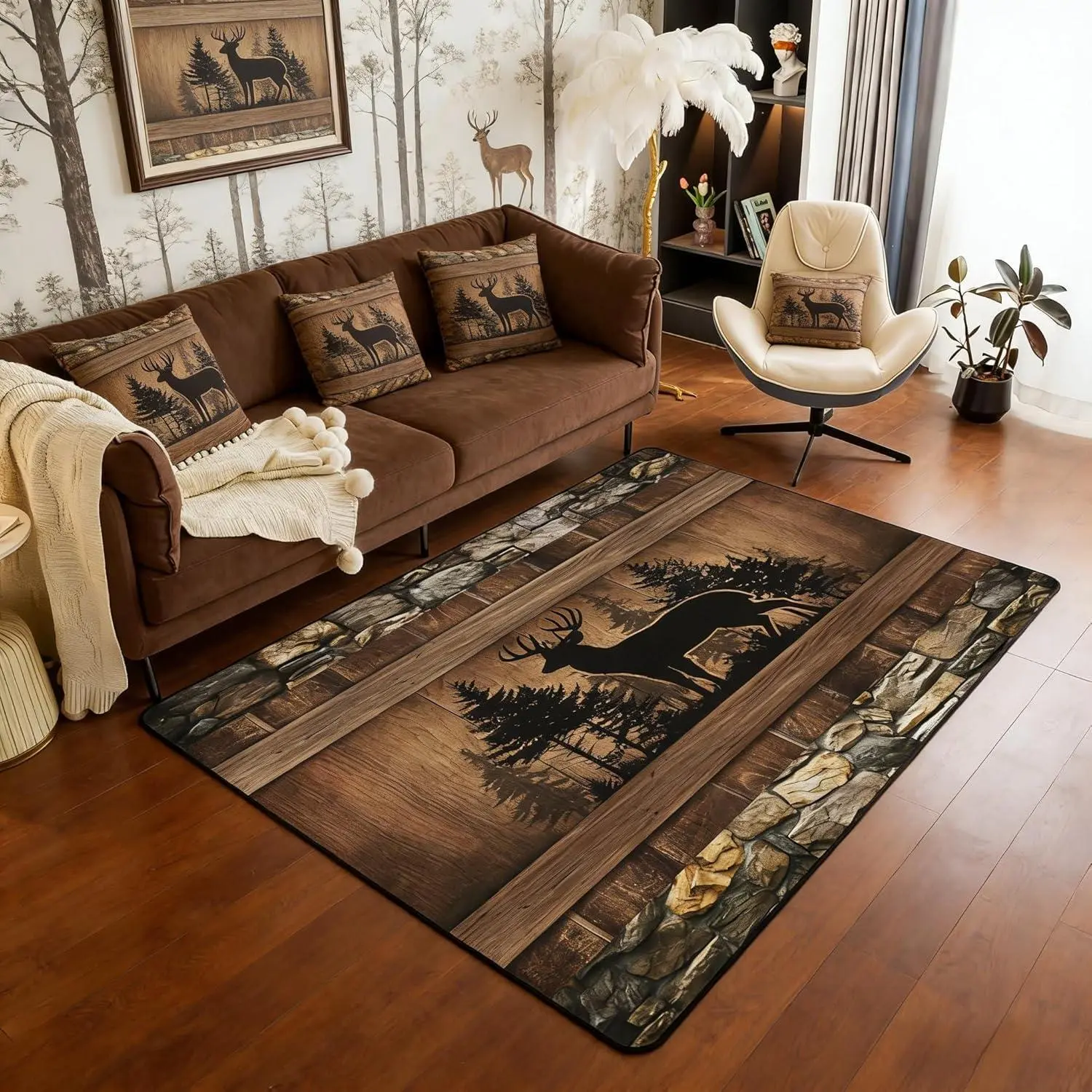 Rustic Deer Area Rug Farmhouse Cabin Living Room Rugs Hunting Wildlife Deer Carpet for Bedroom Kitchen Country Lodge Western Indoor Floor Mat Non Slip
