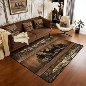 Rustic Deer Area Rug Farmhouse Cabin Living Room Rugs Hunting Wildlife Deer Carpet for Bedroom Kitchen Country Lodge Western Indoor Floor Mat Non Slip