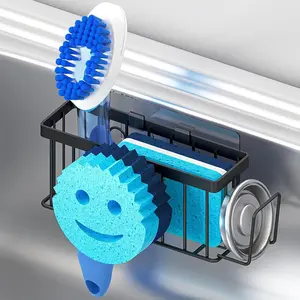 Sponge Holder for Kitchen Sink,Sink Caddy Smiley Face,4-in-1 Sponge Holder with Suction Cups & 1 PCS Adhesive Strips for Holding Soap,Brush,Scrubber,Sponge,Stopper-Black
