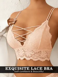 1piece Chic Black Lace Bralette with Criss-Cross Detail | Sexy Hollow Out Wire-Free French Bra, Breathable & Comfy Lingerie for Women Underwear