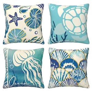 Summer Ocean Blue Decorative Pillow Cover, Coastal Jellyfish Turtle Shell Conch Porch Outdoor Home Decoration, Beach Sailing Sea Star Coral Seasonal Sofa Cushion Cover, 4-piece Set with Double sided Printing