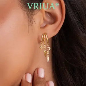VRIUA 14K Gold Plated Earring for Women Trendy Triple Huggie Earrings Dainty Dangle Earring Small Hoops Statement Long Drop Chain Earrings Non Tarnish Jewelry summervibes