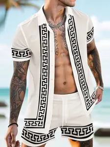 2026 summer Hawaiian casual shirt set, Casual Matching Set, simple geometric pattern design, skin friendly breathable fabric, stand up collar top, drawstring shorts, tropical style, daily travel beach vacation casual wear