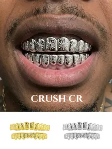 CRUSH CR Artistic Engraved Daisy Flower Grillz Set for Men & Women, 18K Gold Plated Full Coverage Dental Jewelry with Handcrafted Floral Motifs, Hypoallergenic and Removable, Ideal for Gallery Events, Retro Streetwear, 90s/2000s Parties Creative Styling