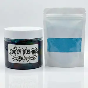 Gooey Gushies in Sour Oozie Liquid with Super Sour Blue Raspberry Powder Seasoning Raz Wet Candy Gushers Snack Multiple Size & Flavors