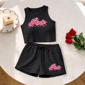 Women's Pink Leopard Print Sleeveless Tank Top And Drawstring Shorts Set, Casual Summer Sportswear Two Piece Outfit, Ribbed Knit Tank And Shorts Set For Everyday Wear