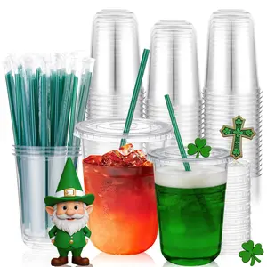 St. Patrick's Day Limited Edition 50 Sets 16 oz Disposable Iced Coffee Cups with Lids and Straws,Clear Plastic Cups for Cold Drinks Juice Milkshakes Smoothies, Plastic To Go Drinking Cup for Party Coffee Bars Picnic