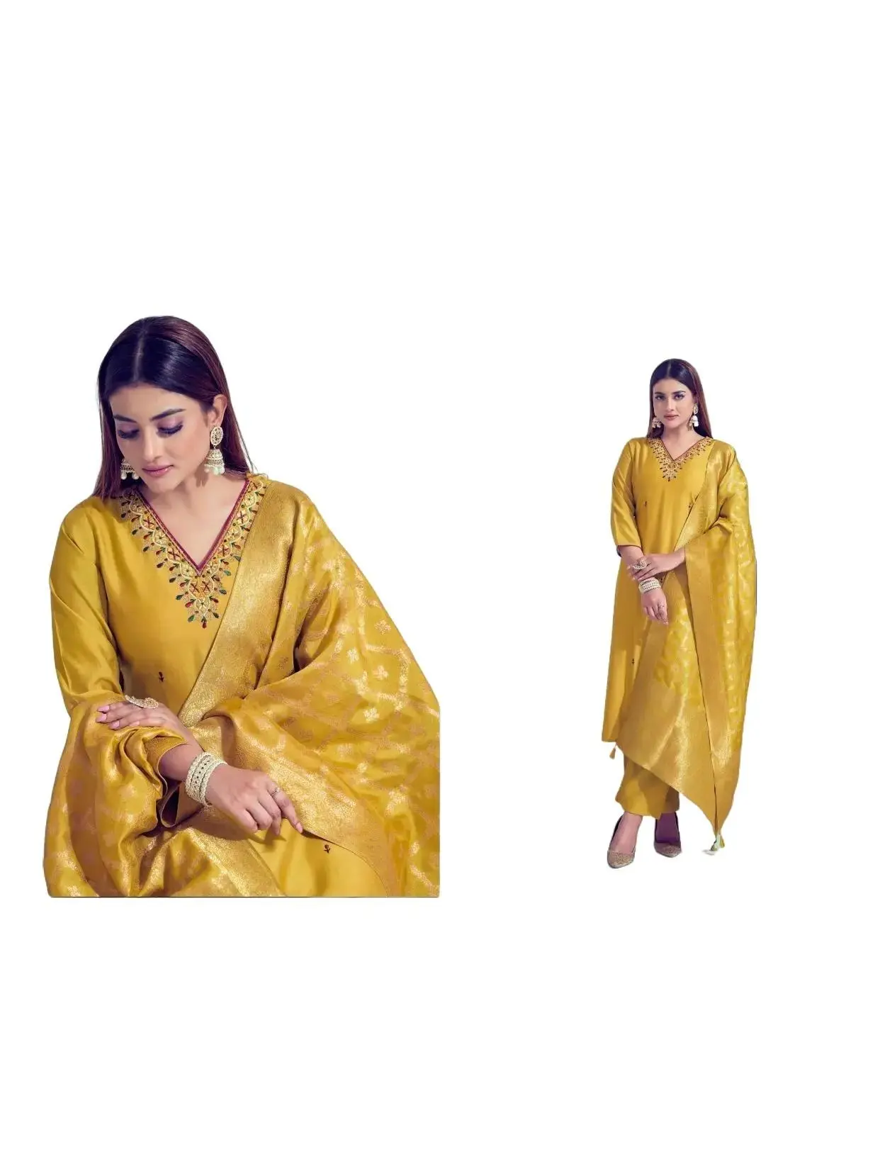 Ready-to-Wear Kurta Set for Women, Roman Silk Kurta with Mirror Embroidery, Pants & Viscose Banarasi Dupatta, Style, Elegance, Women's Clothes, Mirror Work, Fully Stitched