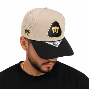 Pumas Unam Fashion Snapback Cap - Premium Quality Black and Beige Headwear, Gold Logo, Fitted Snapback Hats, Flatbill Design