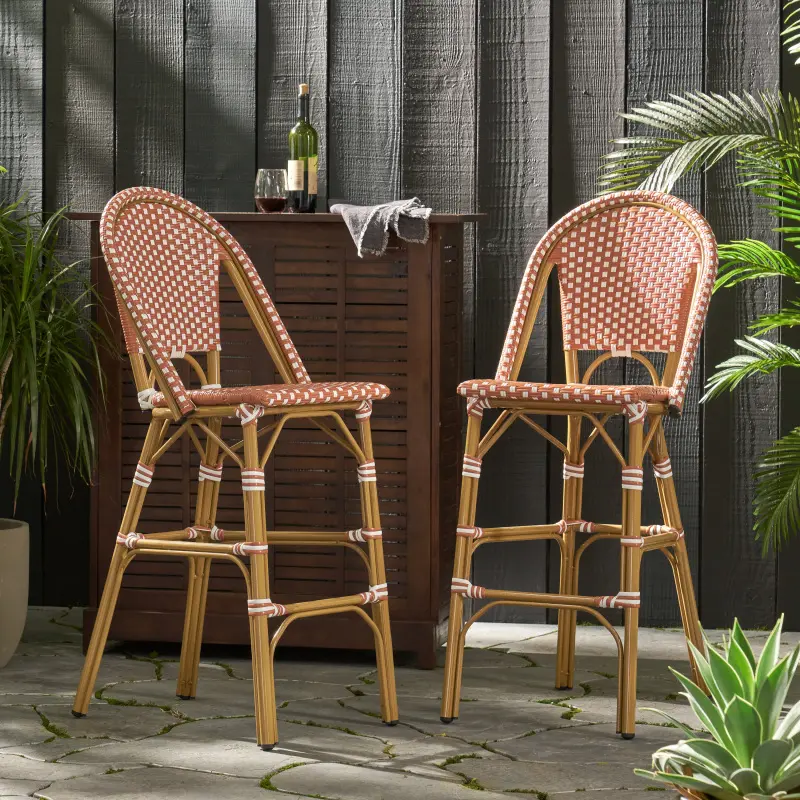 [SOIYELIFE]  29.5" Outdoor PE Rattan French Barstool, Rust Red and White, Aluminum Frame with Bamboo Finish (Set of 2)   Cool furniture
