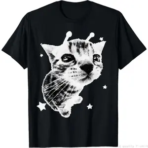 Y2K Alien Cat Meme Retro Silly Cat Vintage Kitty Funny Shirt T-Shirt Pure Cotton Graphic Tees Menswear Top: Gifts for Men & Women