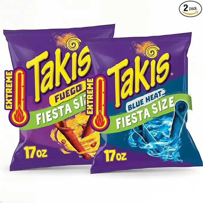 Takis Fuego & Blue Heat Rolled Tortilla Chips Bundle, Hot Chili Pepper Flavored Corn Chips, Fiesta Size Bags, 17 oz Each, 2 Pack