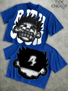 Men's Oversized Graffiti Cartoon Monkey T-Shirt, Street Style Hip-Hop Short Sleeve Combo, Brick Wall & Lightning Print, Summer