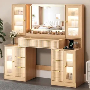 Fluted Makeup Vanity Desk with Mirror and Lights, 55" Glass Top Vanity with 8 Drawers & 4 RGB Glass Cabinets, Adjustable Shelves & Power Outlet, Modern Dressing Table for Women Girls Bedroom, Oak