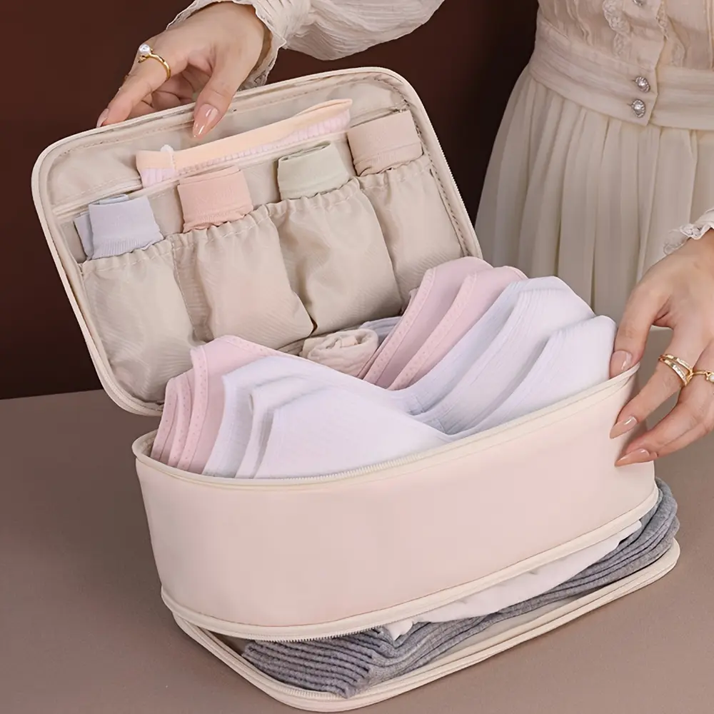 1-Piece Double-Layer Lingerie Organizer Bag – Durable Nylon Travel Clothes Organizer Storage Pouch with Multi-Compartment Design (Suitable for Bras, Underwear, & Socks) – Portable & Hand-Washable Clothing Storage Solution