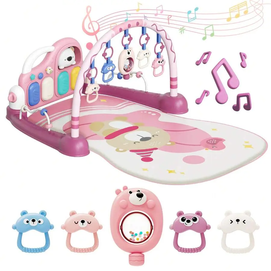 6-in-1 Multifunctional Baby Floor Activity Center, Soft Plush Tummy Time Play Mat with Kick Piano, Sensory Playset for Newborns, Music, Lights & 5 Toys, Convertible, Abs