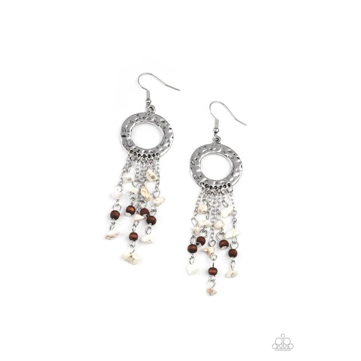 Female One Size Hook Earrings - Earth Tone Fringe, Wooden Beads, Hammered Silver Hoops, Dainty Pebble Accents, White Pebbles, Mix Dangle Pair Costume Jewelry for Casual Daily Wear
