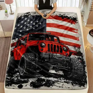 American Flag & Jeep Pattern Blanket, Soft Warm Throw Blanket, Air-conditioned Room Blanket, Warm Nap Blanket for Home Office Travel Camping, Cozy Chic Blanket