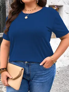 Plus Size Solid Basic Round Neck Tee, Casual Short Sleeve Crew Neck T-Shirt for Spring & Fall, Women's Plus Clothing for Daily Wear