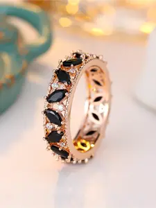 1pc Rose Gold Plated Black Cubic Zirconia Ring, Vintage Marquise Cut Black CZ Eternity Band, Fashion Jewelry For Women