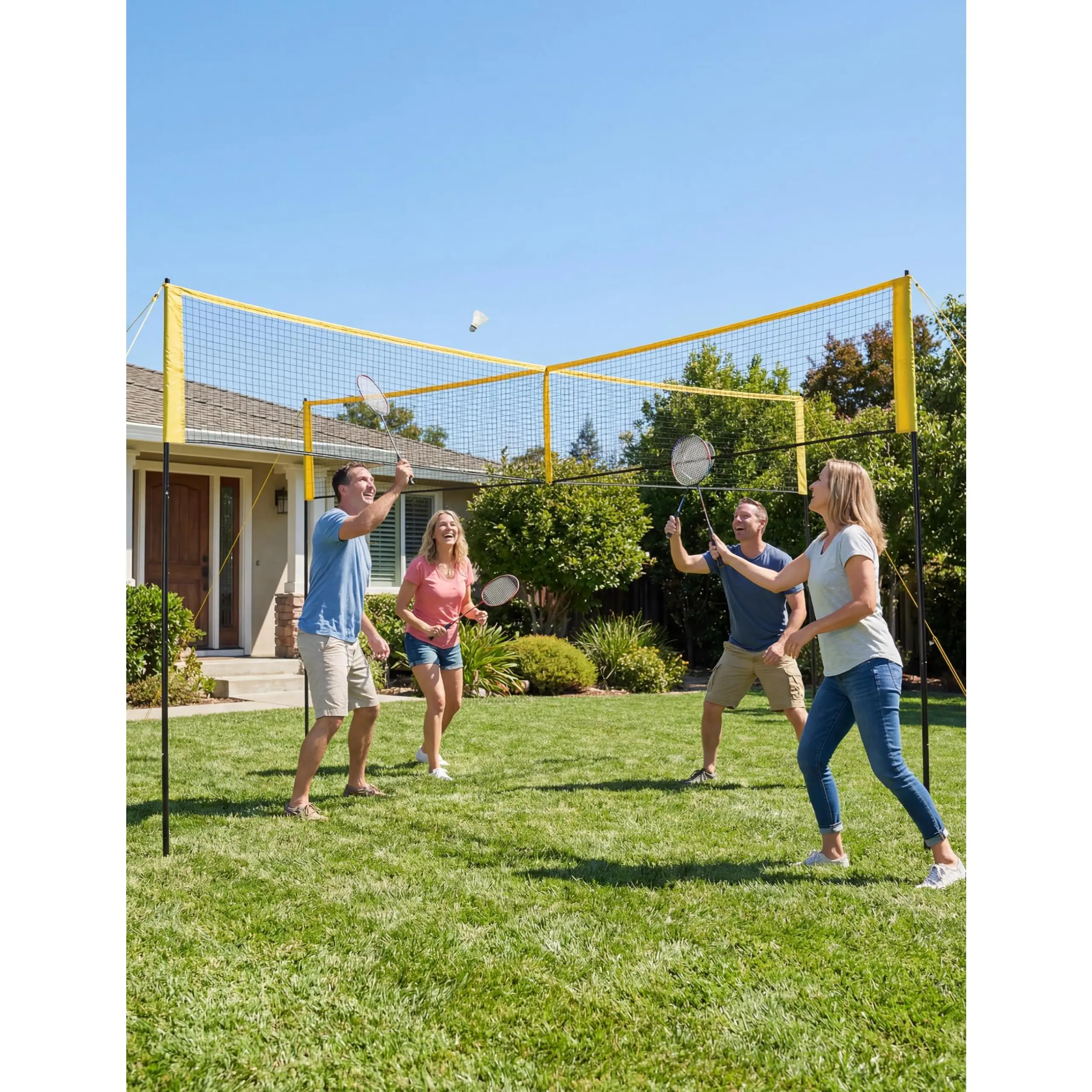 Portable 4-Way Adjustable Height Volleyball Net Set – 14FT Four Square Game with PE Net & Iron Frame – Includes Ball, Pump, Hammer, Carry Bag – Ideal for Backyard & Beach Family Play