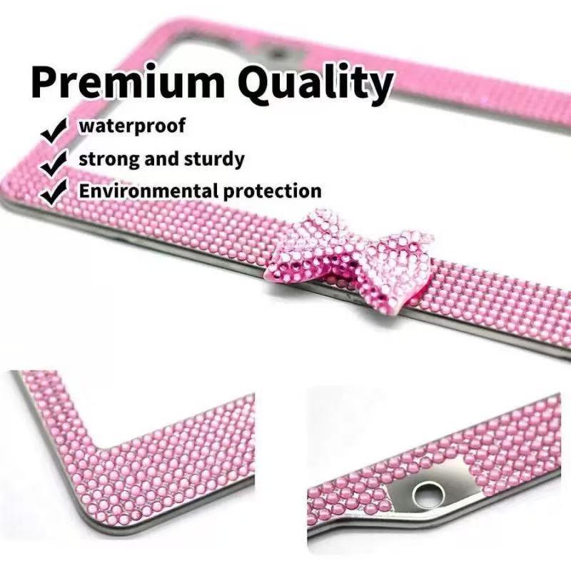 2 Pack Bling License Plate Frame，Handcrafted Bling Rhinestone Premium Stainless Steel License Plate Frame，14 Facets Clear Color Rhinestone Crystal (Pink&Pink-Bow)