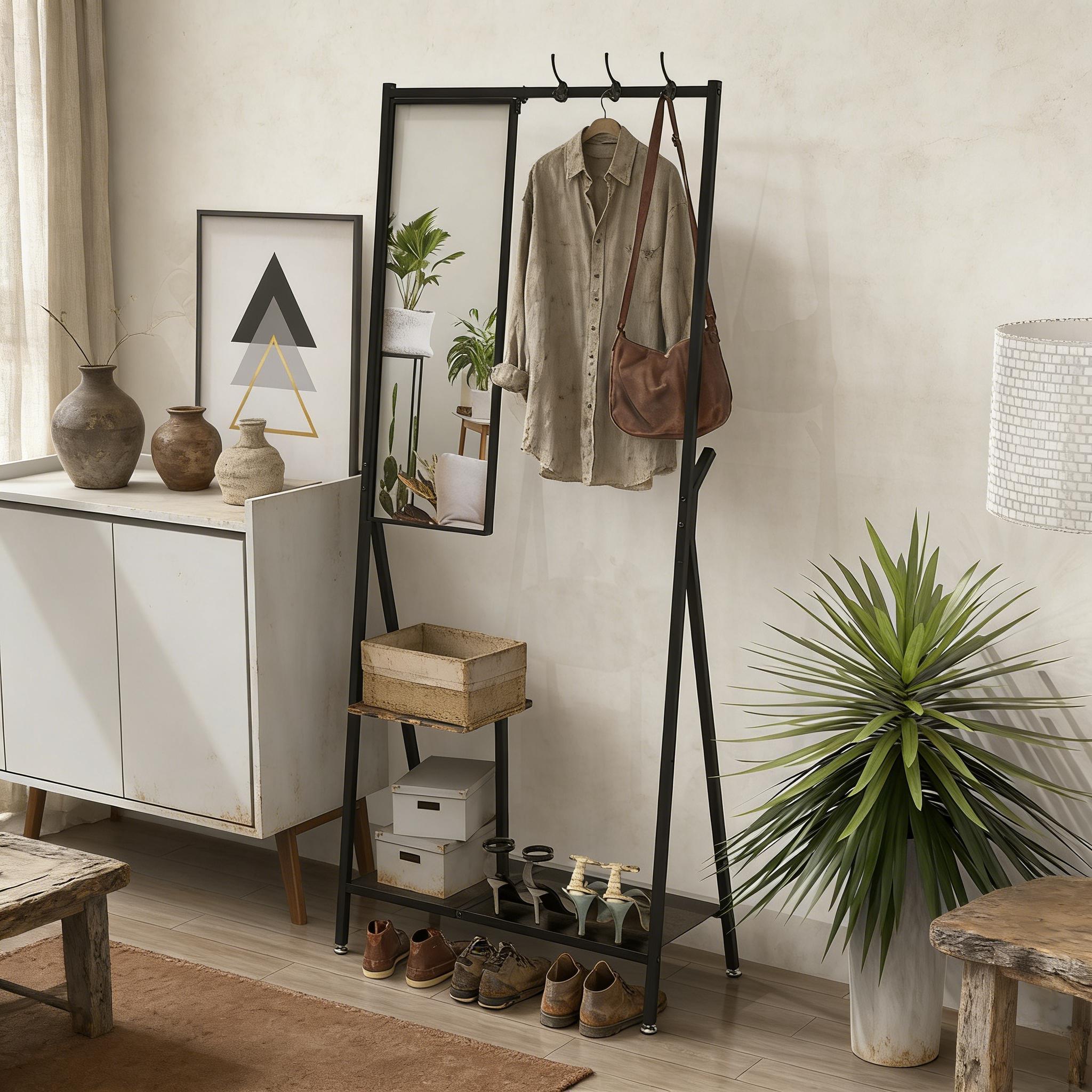 CoatRackwithMirror-MultifunctionalHallTreewithShoeStorage,MetalFrame73"TallIndustrialStyleRusticBrownBlackforEntrywayLivingRoomBedroom,SpaceSavingWallMountedFreestandingOrganizerFurnitureforApartmentDormEssentials
