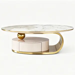 Modern Oval White Coffee Table with Drawer,Luxury Coffee Table for Living Room with Marble Pattern Glass Tabletop and Gold Stainless Steel Base,Living Room Cofe Table with Storage for Office/Home/Apartment,Easy to Assemble and Clean