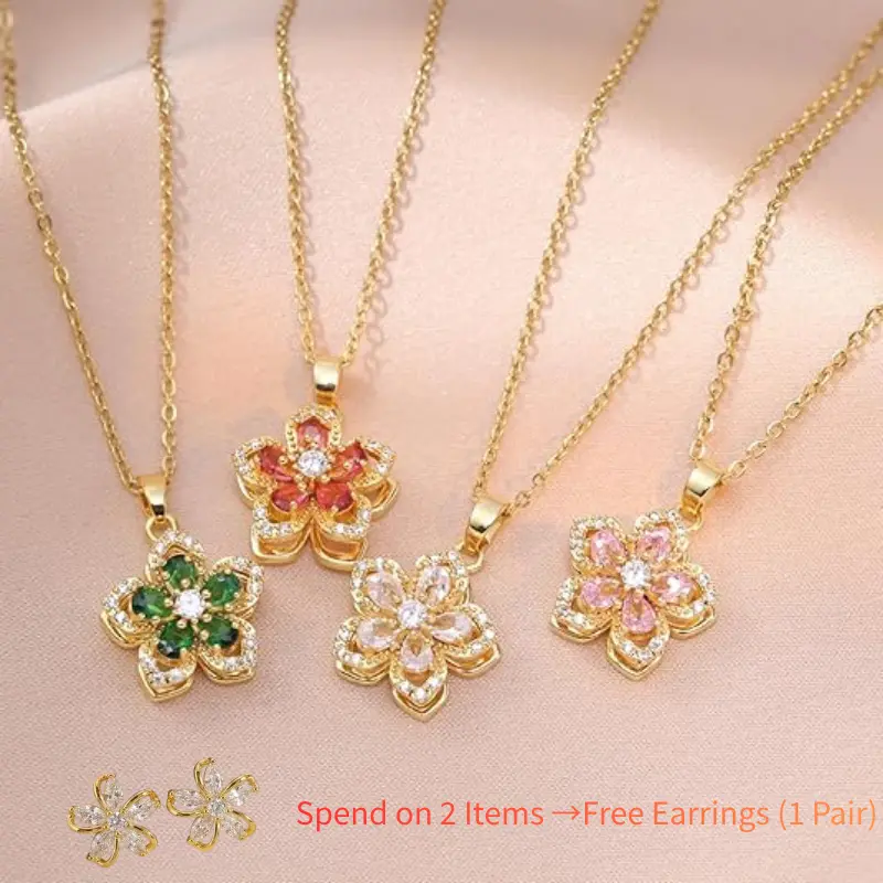 Spinning Necklace for Women Silver Flower Fidget Necklace Rotatable Crystal Blossom Pendant Necklaces Adjustable Spinning Fidget Necklaces Redbud Flower Funny Summer Fashion Jewelry Mother’s Day, Valentine’s Day, gifts for best friends, everyday wear,